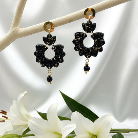 Boucles d'oreilles noire et or et tourmaline noire