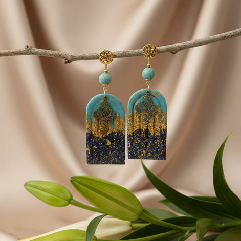 Boucles d’oreilles bleu et or, amazonite, unalome et polymère