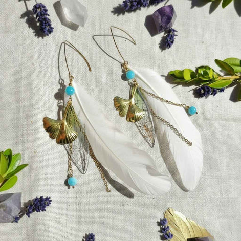 Boucles d'oreilles forêt enchantée, amazonite, plume blanche