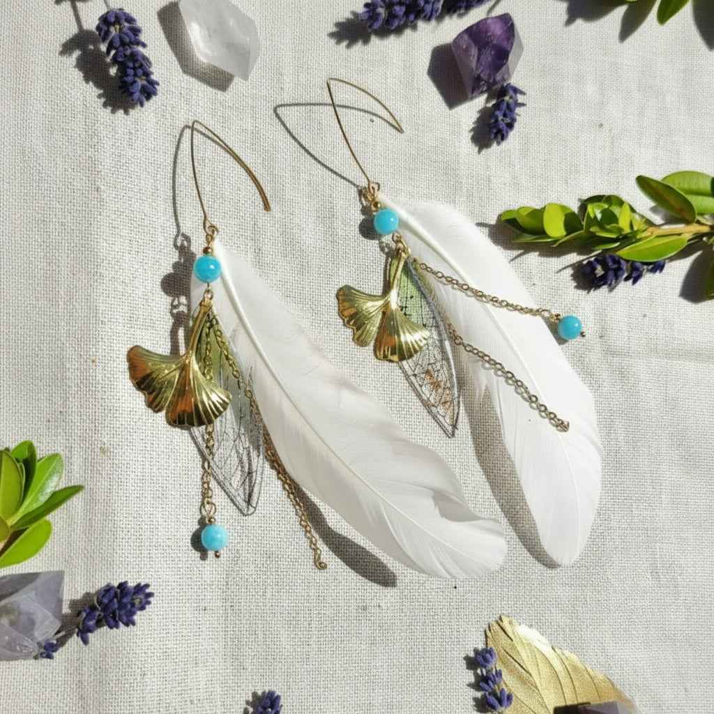 Boucles d'oreilles forêt enchantée, amazonite, plume blanche