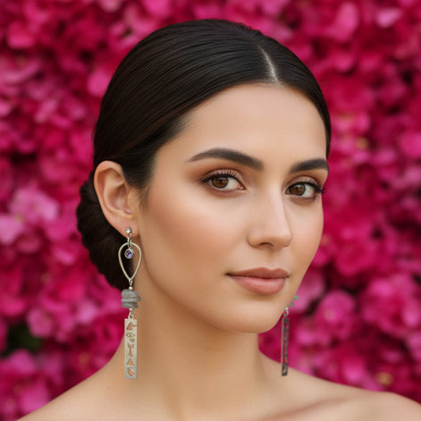 Boucles d’Oreilles Labradorite & Hiéroglyphes Bijou Symbolique Égypte Antique