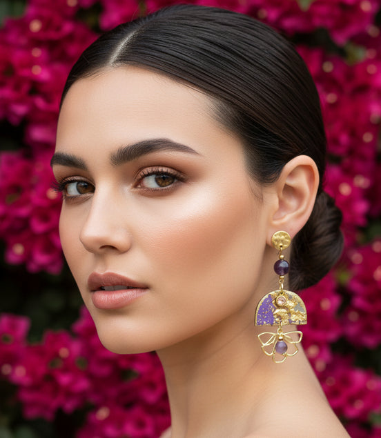 Boucles d'oreilles dorées et violine en améthyste & polymère