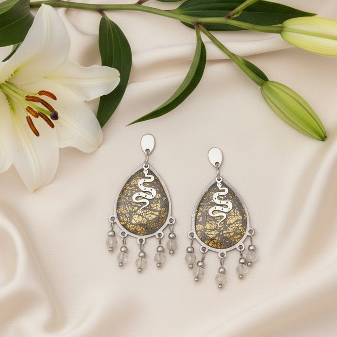 Boucles d'oreilles en labradorite argenté et serpent