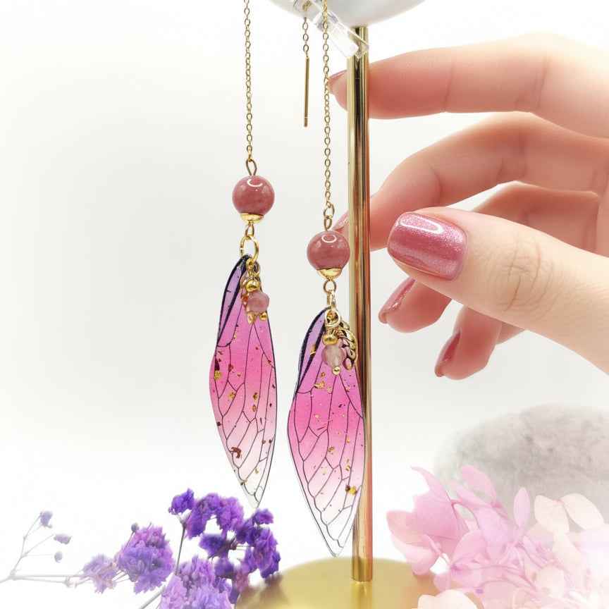 Boucles d'oreilles Ailes de fée en Rhodonite, dorée
