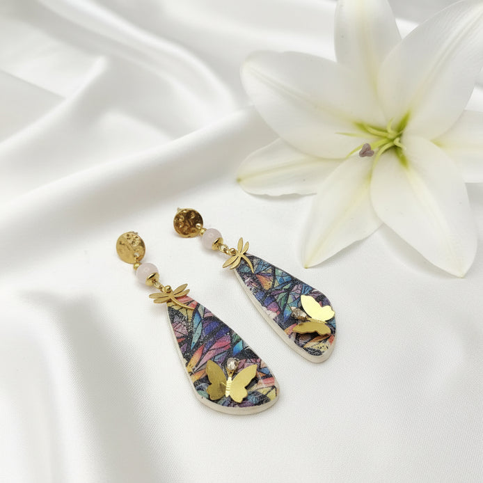 Boucles d'oreilles Pop Amour de soi en quartz rose, polymères, dorées ou argentées