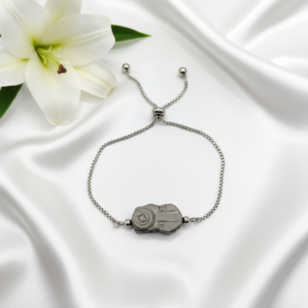 Bracelet Protection et prospérité Pixiu en obsidienne, ajustable argenté en acier inoxydable