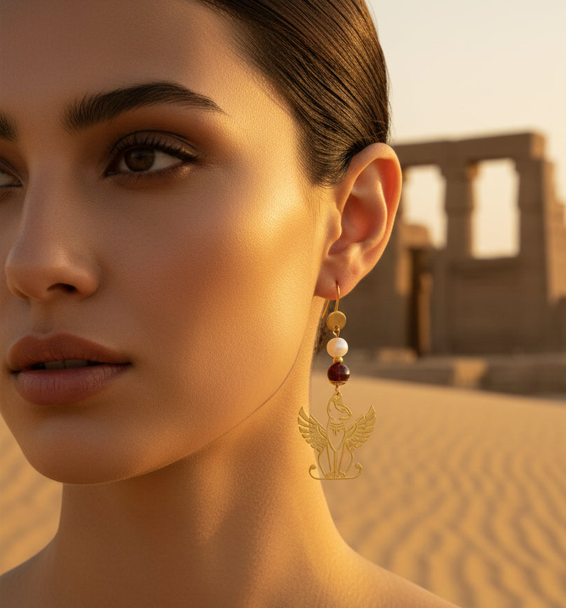 Boucles d'oreilles Bastet grenat pierre de lune