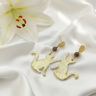 Boucles d'oreilles chat, pierre de lune, polymère