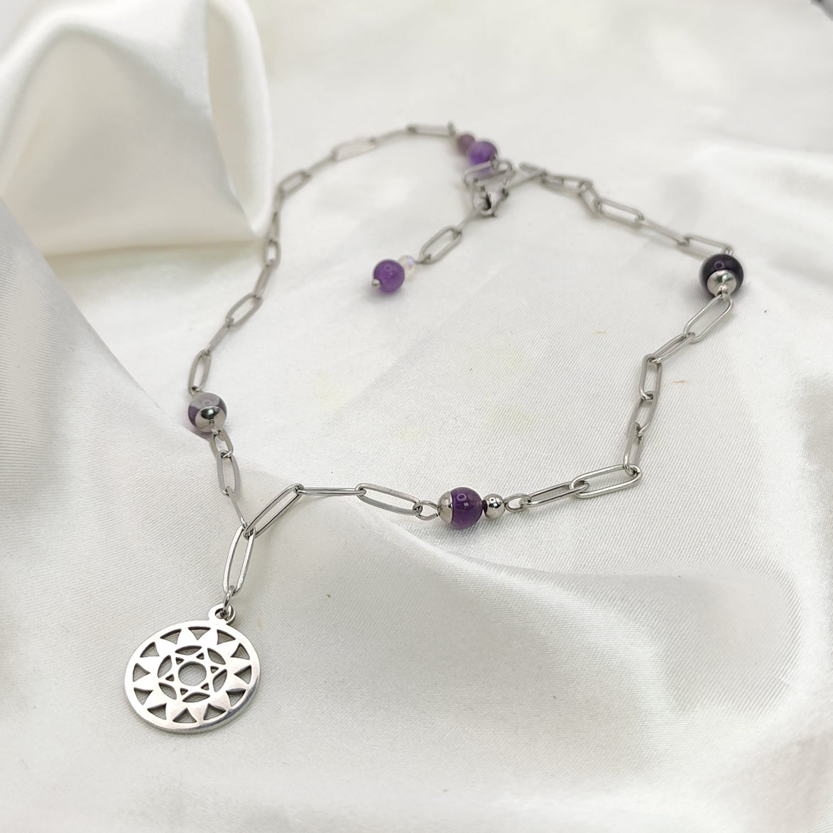 Collier argenté chakra et améthyste