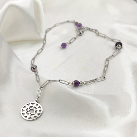Collier argenté chakra et améthyste