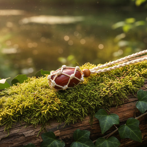 Collier en chanvre et jaspe rouge de 4 cm