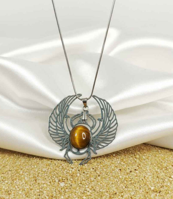Collier scarabée khépri et labradorite larvikite ou oeil de tigre