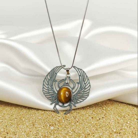 Collier scarabée khépri et labradorite larvikite ou oeil de tigre