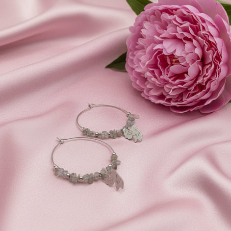 Boucles d'oreilles créoles sirène argenté en labradorite ou calcédoine bleu