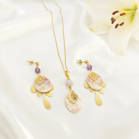 Collier, Boucles d'oreilles dorées, améthyste, polymère, acier inoxydable