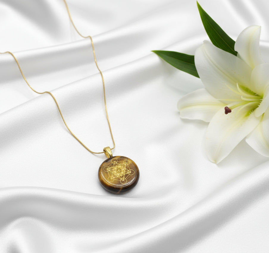 Collier doré et oeil de tigre doré, Métatron, horus, simple