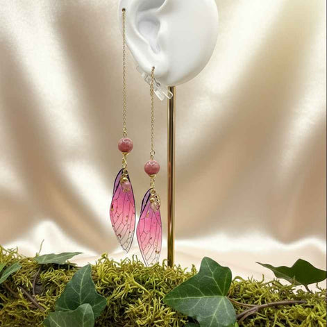 Boucles d'oreilles Ailes de fée en Rhodonite, dorée