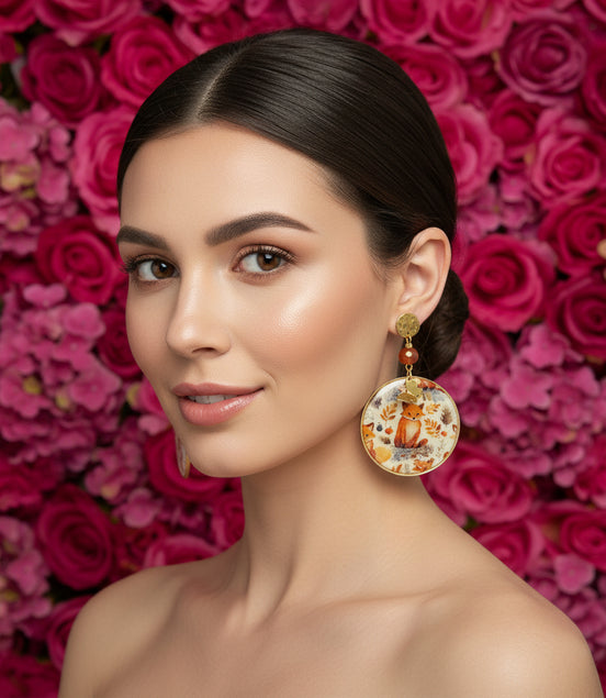 Boucles d'oreilles renard doré et cornaline facettée