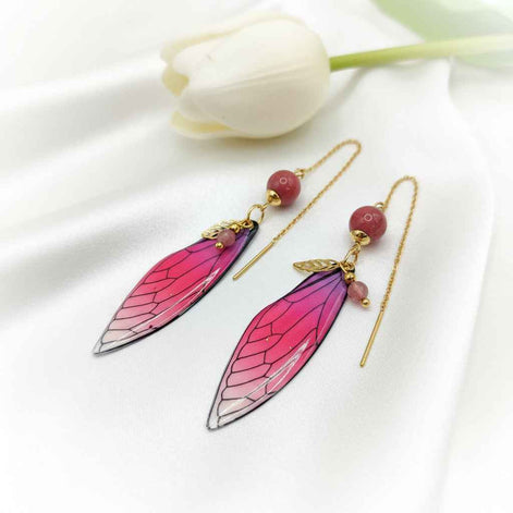 Boucles d'oreilles Ailes de fée en Rhodonite, dorée