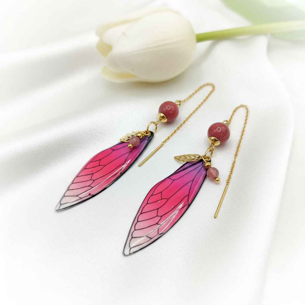 Boucles d'oreilles Ailes de fée en Rhodonite, dorée