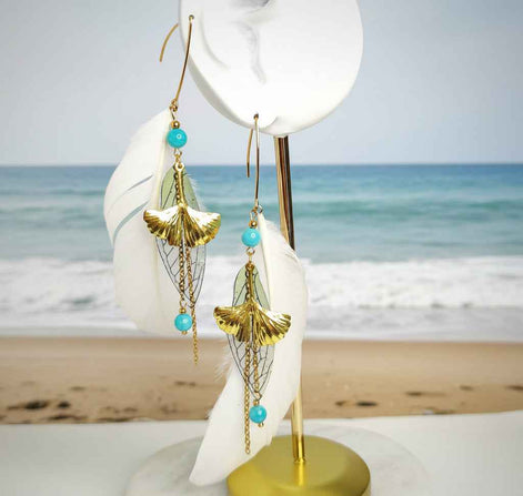 Boucles d'oreilles forêt enchantée, amazonite, plume blanche