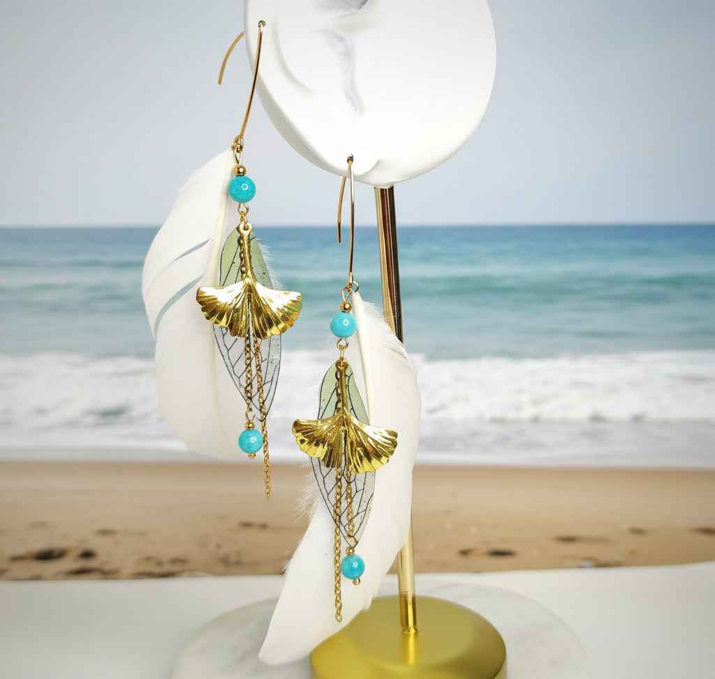 Boucles d'oreilles forêt enchantée, amazonite, plume blanche