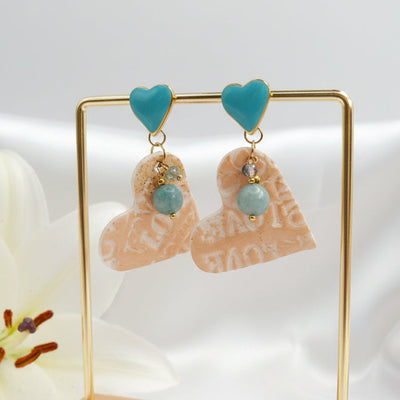 Boucles d’oreilles coeur turquoise doré, amazonite et coeur en polymère