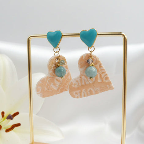 Boucles d’oreilles coeur turquoise doré, amazonite et coeur en polymère