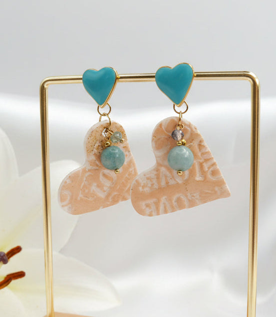 Boucles d’oreilles coeur turquoise doré, amazonite et coeur en polymère