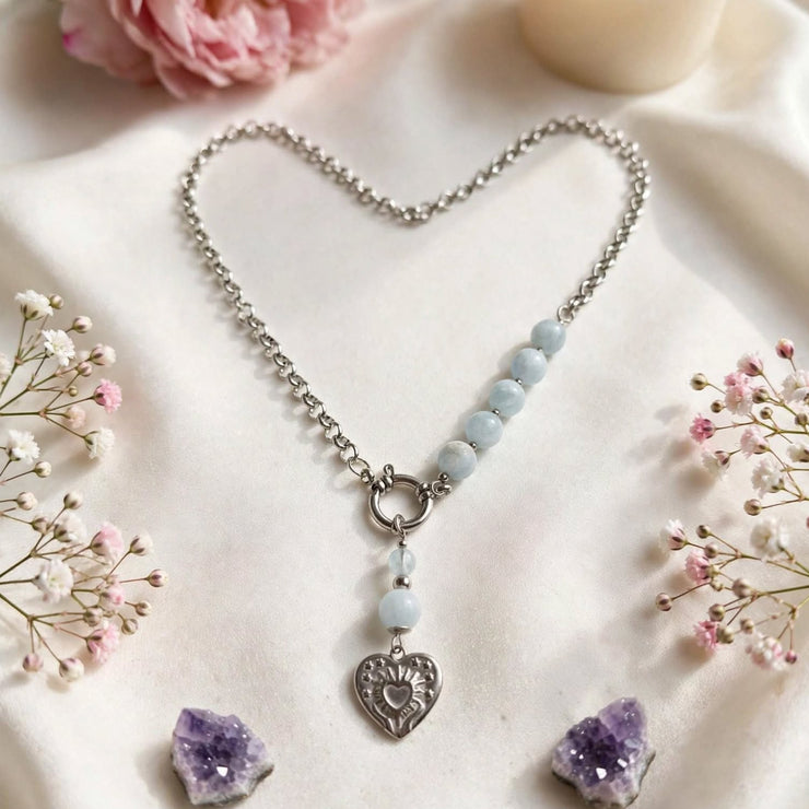 collier aigue marine argenté coeur