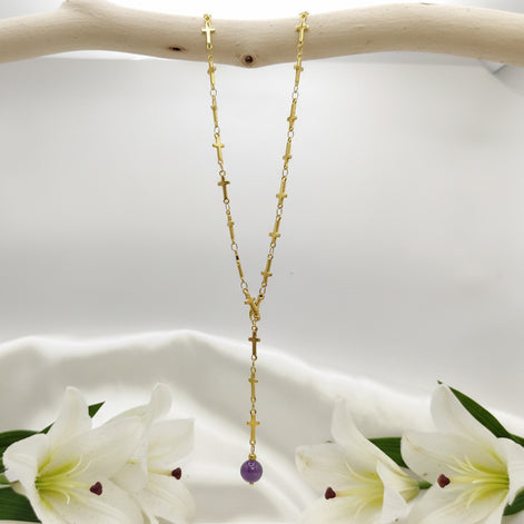 Collier doré chaine croix et sa perle d'améthyste
