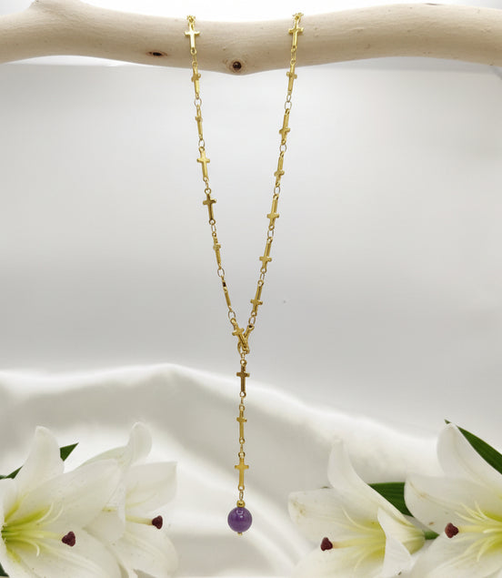 Collier doré chaine croix et sa perle d'améthyste