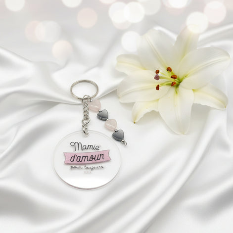 Porte-clés “Mamie d amour” coeur de Quartz Rose hématite