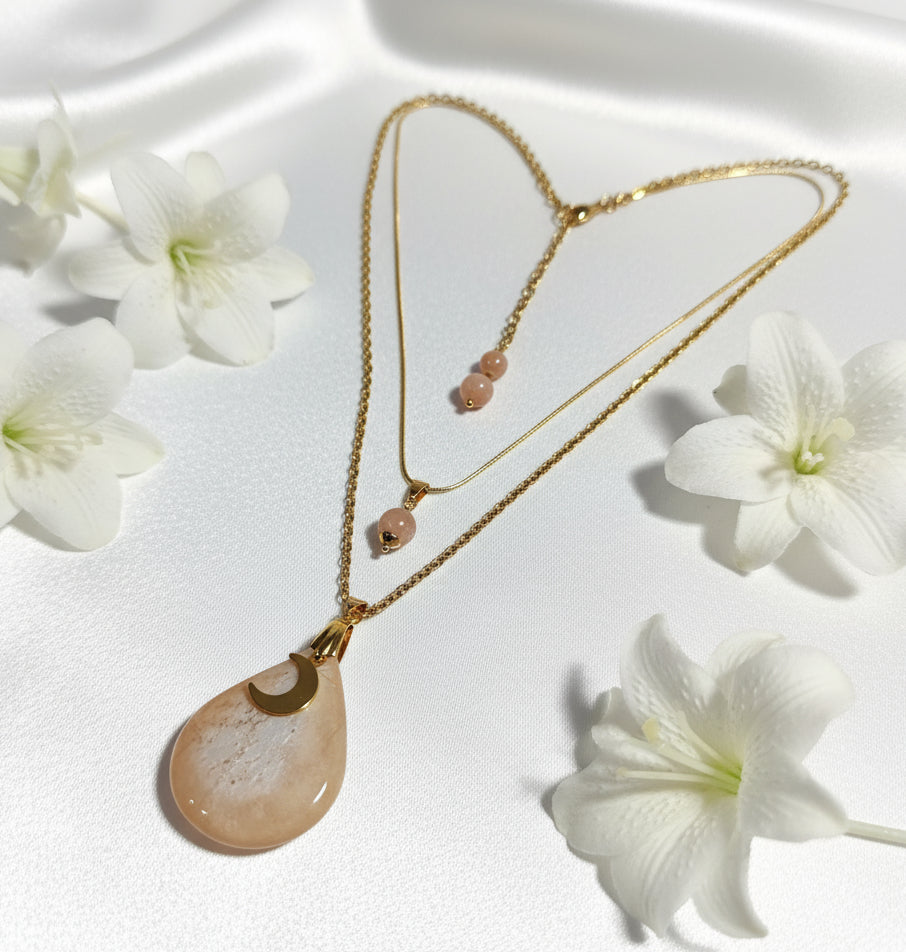 Double Collier doré en pierre de lune