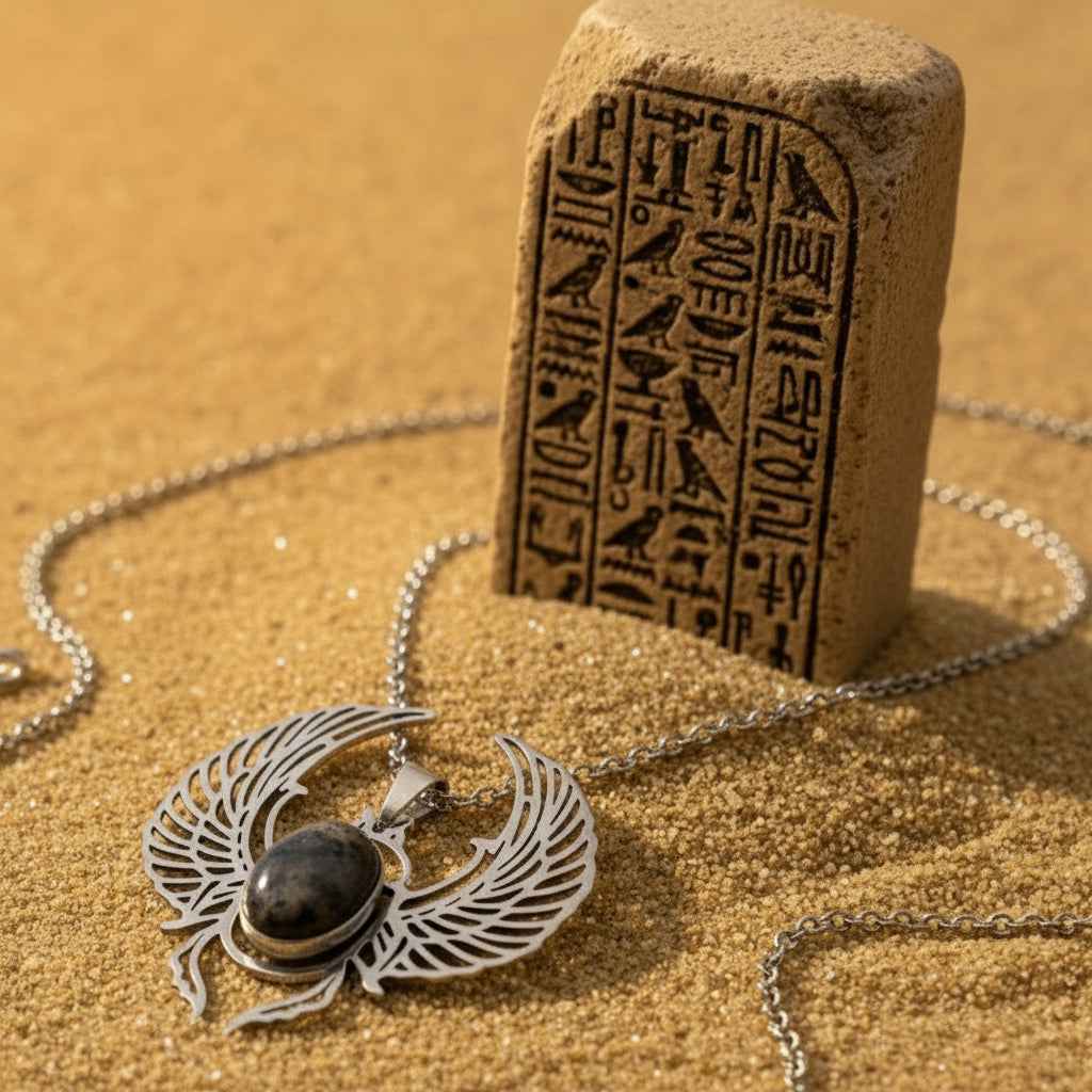 Collier scarabée khépri et labradorite larvikite ou oeil de tigre