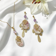 Collier, Boucles d'oreilles dorées, améthyste, polymère, acier inoxydable