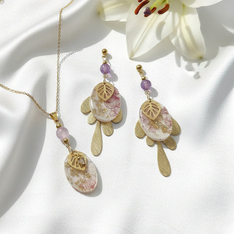 Collier, Boucles d'oreilles dorées, améthyste, polymère, acier inoxydable