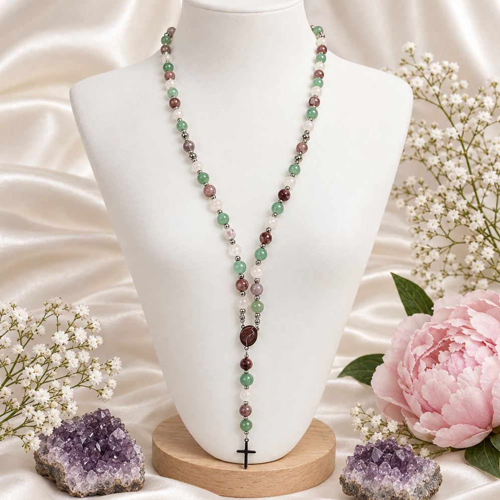Chapelet sacré Amour de Marie en pierres de quartz rose, aventurine verte et tourmaline rose 