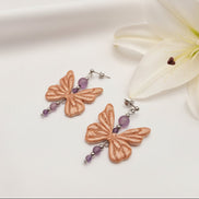 Boucles d'oreilles argentées papillon, Améthyste et polymère