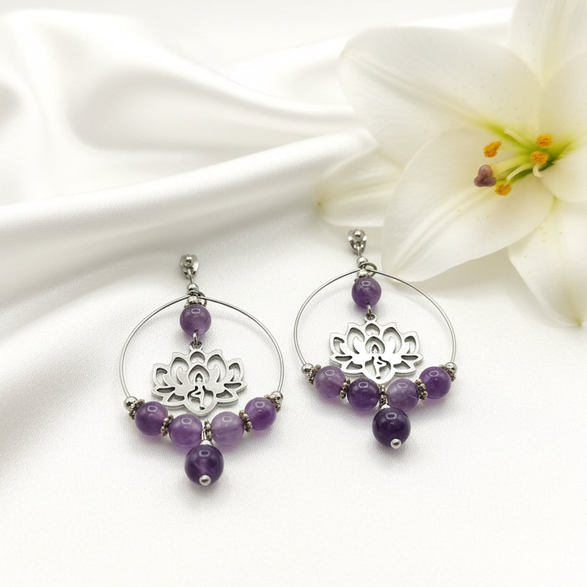 boucles d'oreilles lotus argenté  améthyste