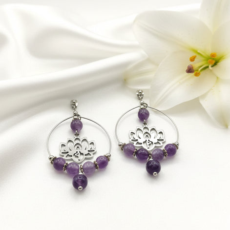boucles d'oreilles lotus argenté  améthyste