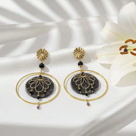 Boucles d'oreilles Esméralda noire et or et tourmaline noire