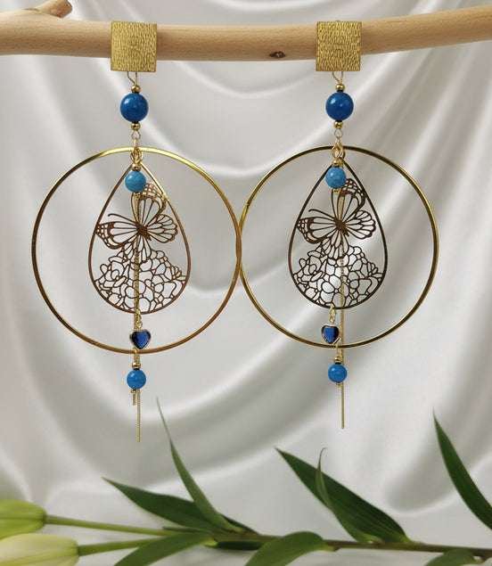 Boucles d’Oreilles esméralda doré, Apatite, papillon