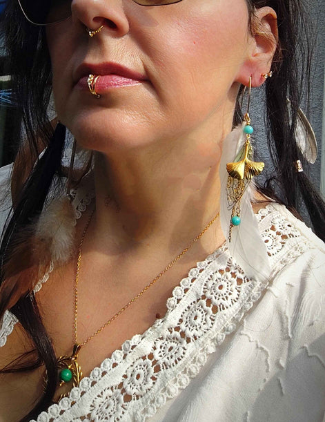 Boucles d'oreilles forêt enchantée, amazonite, plume blanche