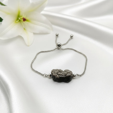 Bracelet Protection et prospérité Pixiu en obsidienne, ajustable argenté en acier inoxydable