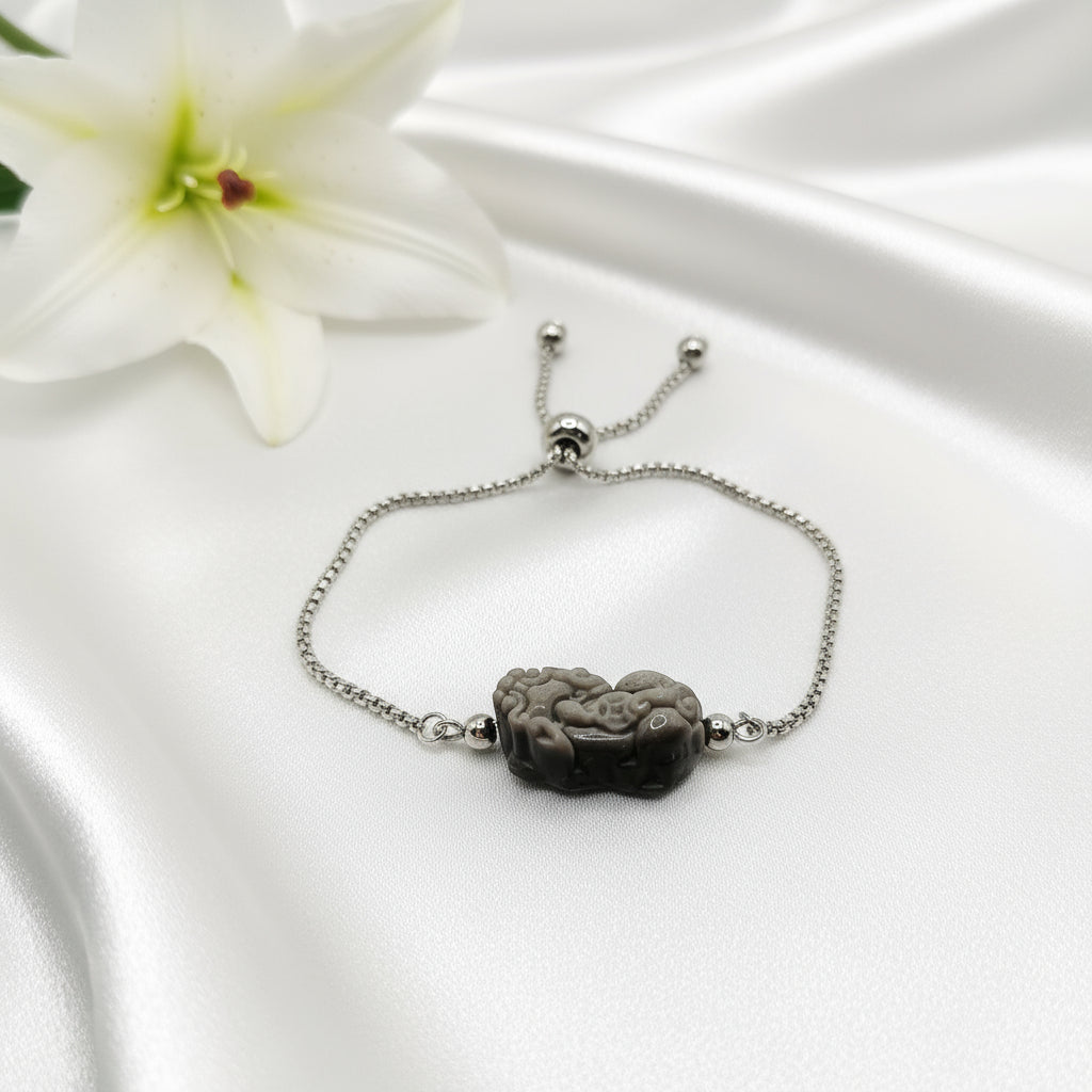 Bracelet Protection et prospérité Pixiu en obsidienne, ajustable argenté en acier inoxydable