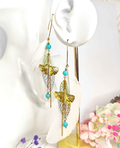 Boucles d'oreilles forêt enchantée, amazonite, plume blanche