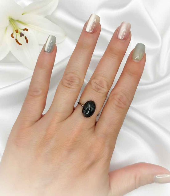 Bague labradorite larvikite et acier inoxydable