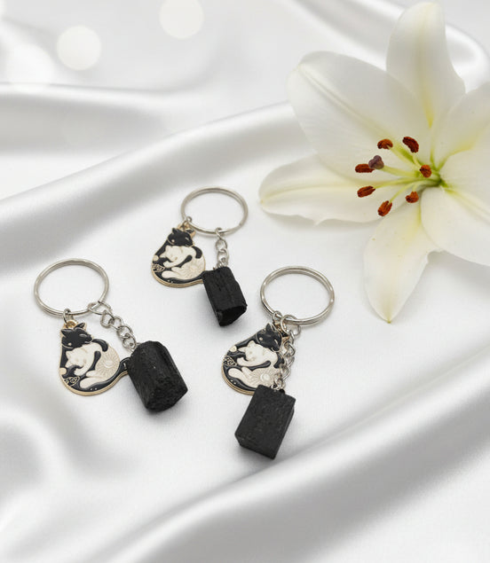 Porte-clés de protection chat et tourmaline noire