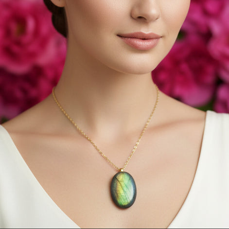 Collier doré et pierre de labradorite extra